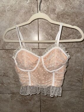 Sheer Polka Dot Bustier Crop Top - Light Peach & White